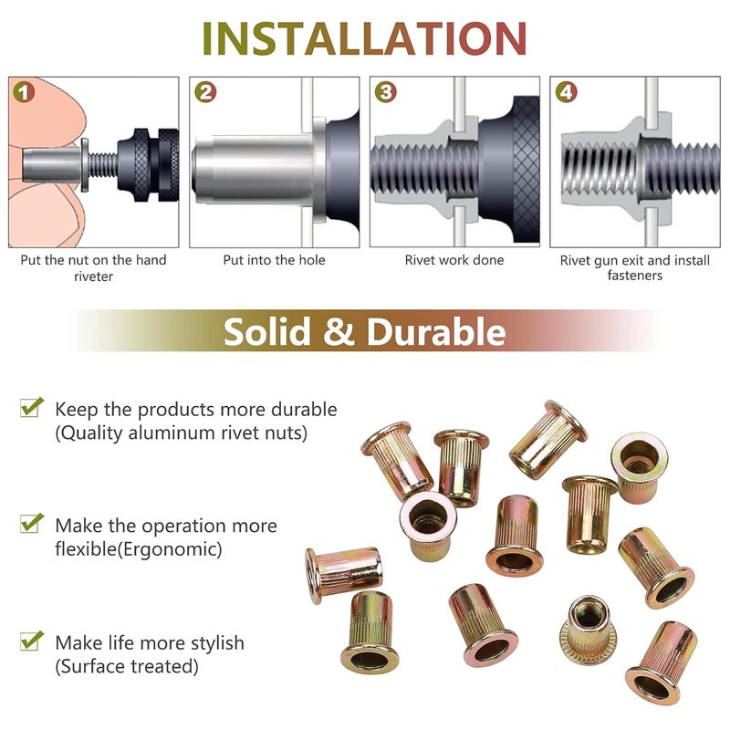 PRECIHW 100pcs M8 Rivet Nuts, M8 Flat Head Rivnut Threaded Insert Nuts with Knurled Body, Metric Zinc Plated Carbon Steel Insert Nutsert for Automotive, Furniture, Decoration - Image 3